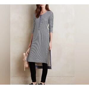 Anthropologie Postmark Blue Striped Henley Split Tunic Dress Long Sleeve Size XS